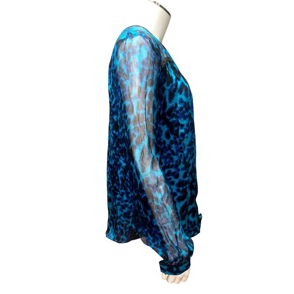 Arynk Large Blue Black Mulberry Silk Sheer Leopard Animal Print Blouse City Styl - Picture 7 of 11